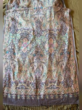 Gorgeous Cashere Paisley Fringe Scarf in Teal, Pink & Gold